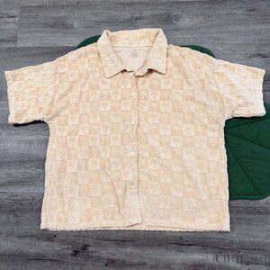 Rylee + Cru Womens XL Tan Palm Tree Check French Terry Button Front Shirt Coveru